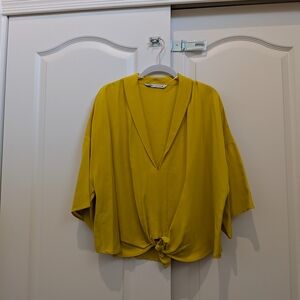 Zara Yellow V-Neck Tie-front Blouse (Size XL)